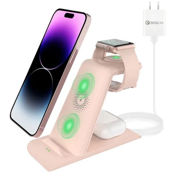 HATALKIN 3 in 1 Wireless Charging Station Compatible for Apple Products Multiple Devices Apple Watch 8 Ultra 7 SE 6 5 4 3 AirPods 3 Pro 2 iPhone 14 13 12 11 Pro Max XS XR 8 Fast Wireless Charger Stand - Pink