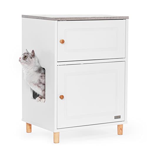 Petsfit Cat Litter Box Enclosure Hidden Furniture with Storage Cabinet and Ventilation Holes, Modern Cat Washroom White - 22”×17”×28” - White/Brown