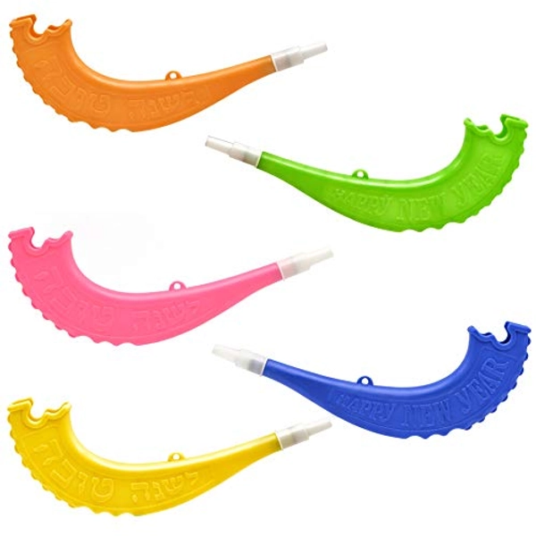 Plastic Toy Shofar, Magnificent Assorted Neon Colored Shofar, Children's Whistle Shofar (5-Pack) - 5-Pack