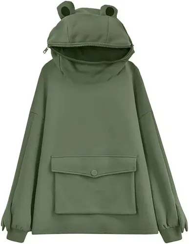 Zopmopae Sudadera con Capucha de Rana para Mujer Sudadera con Capucha de Manga Larga con Cremallera y Boca con Bolsillo / C L