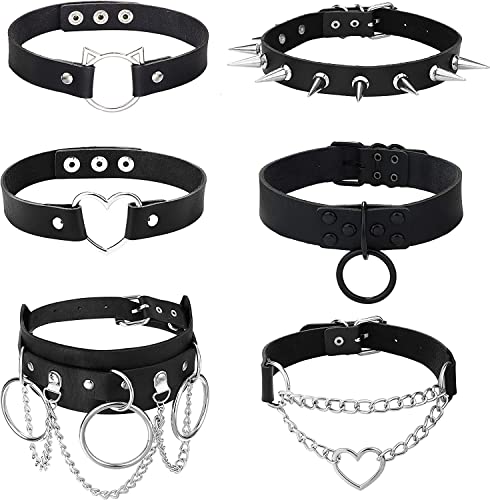 LOLIAS 6 Piezas Gargantilla gótica Collar Cuero Punk clavícula Cadena Gargantilla Negro Rock cinturón Amor corazón Gargantilla Ajustable Accesorios Cosplay Disfraz Halloween - Estilo C