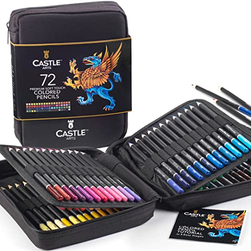 Castle Art Supplies - Juego de 72 lápices de colores con núcleo blando para artistas, profesionales y coloristas adultos, resistente estuche con cremallera para un fácil transporte
