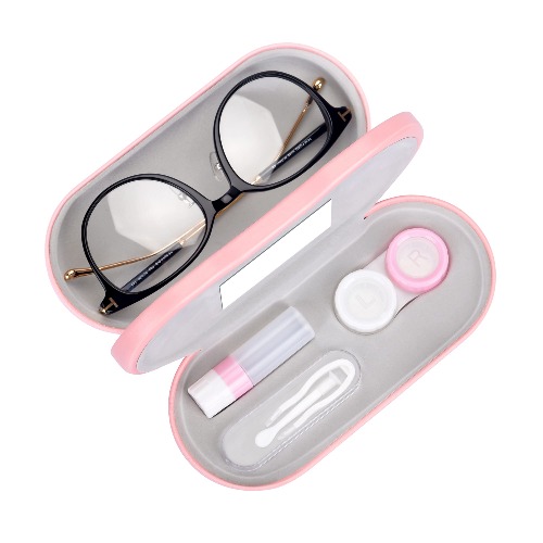 Muf 2 in 1 Contact Lens Case and Glasses Case,Double Sided Dual Use Design,Leak Proof & Portable,Tweezer and Contact Lens Solution Bottle Included for Travel Kit(Pink) - Pink
