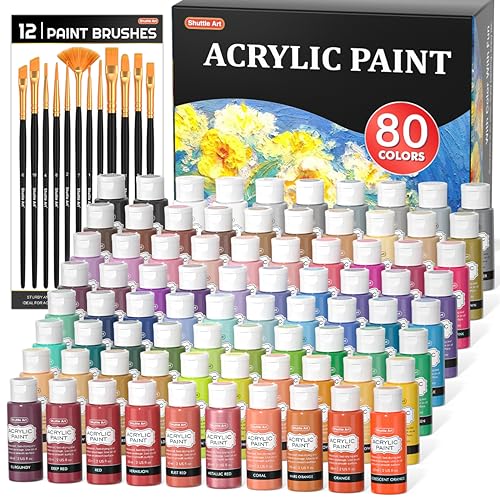 80 Colors Acrylic Paint, Shuttle Art Acrylic Paint set with 12 Paint Brushes, 2oz/60ml Bottles, Rich Pigmented, Water Proof, Premium Paints for Artists, Beginners and Kids on Canvas Rocks Wood Ceramic - 80 Colors