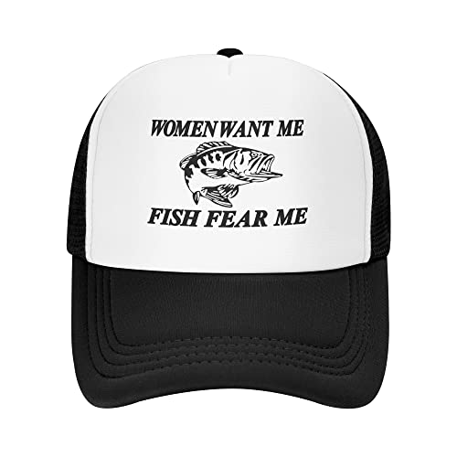 Women Want Me Fish Fear Me Trucker Hat Summer Mesh Cap Trucker Baseball Cap for Men Women - One Size - Black