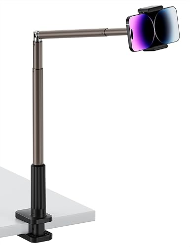 Viozon Phone Holder, Flexible Long Arm,Overhead Mount,360° Angle Adjustable,Aluminum Alloy, C Clamp for Headboard Bedside&Table&Desk,Compatible with 3.5"-6.9" Phone,iPhone 16 15Plus / Pro Max - Black