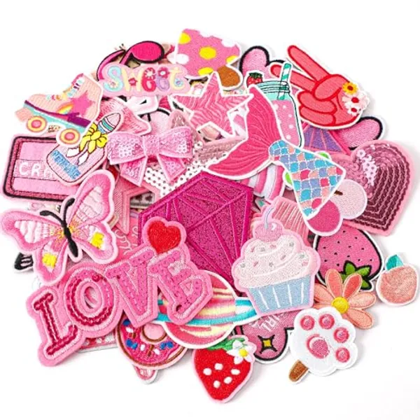 36pcs Pink Embroidered Patches Random Assorted Styles Pink Theme Iron on Patches for Girls Western Cowgirl DIY Sew Applique Repair Patch Cute Preppy Sew on Patches for Backpacks Pants Clothes Jeans