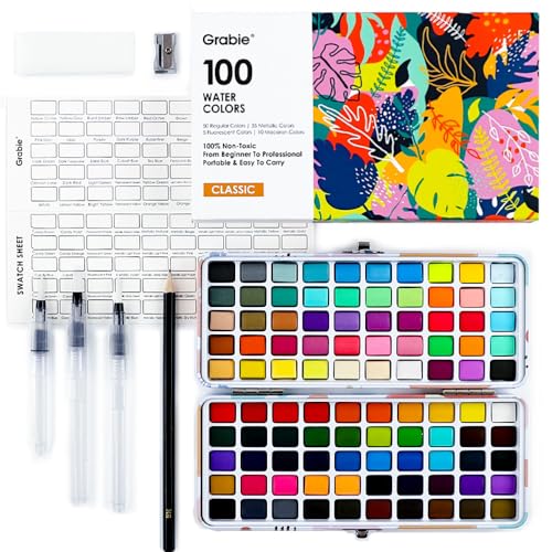 Grabie 100 Colors Watercolor Paint Set - 50 Regular, 35 Metallic, 10 Macaron and 5 Fluorescent Colors - Portable with Carrying Case, Water Brush Pens, and Accessories - For Beginners and Professionals - 1