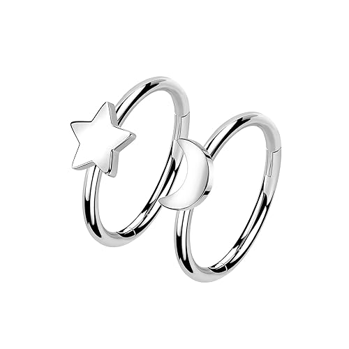 ALACLO 2Pcs Star Moon Nose Rings Hoop, 16g 18g 20g 316L Surgical Steel Cartilage Hoop Earrings for Women Men, Labret Lip Tragus Helix Daith Piercing Jewelry - 16 gauge(1.2mm)-8mm - Silver