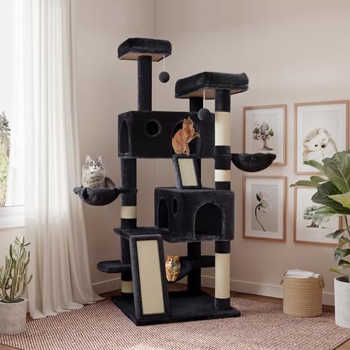 SHA CERLIN 65in Larger Cat Tree Tower Condo for Indoor Cats, Multi-Level Furniture Activity Center with Wide Base/Cozy Plush Cat Perches/Baskets/Sisal Scratching Posts and Hammock/Dark Grey - Dark Grey