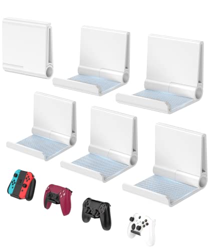 6amLifestyle 6 Pack Foldable Controller Wall Mount Holder for Xbox PS5 PS4 PS3 Switch Pro Strong Adhesive/Screw Controller Hanger Hook with Anti-Slip Pad Universal Gaming Remote Accessories, White - 6Pack White