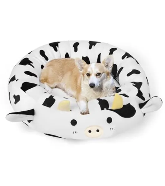 24 Inch Cow Pet Bed, Dog Bed Plush Cat Mat Fulffy Comfy Padded Sleeping Dog Cot for Medium Small Dogs Puppy Kitty