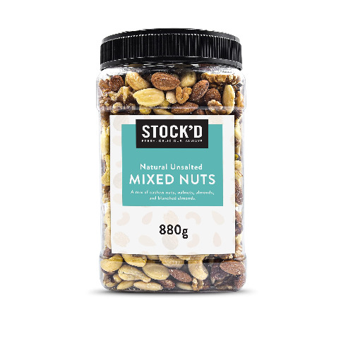 STOCK'D Raw Mixed Nuts, 880g, Whole Cashew Nuts, Walnuts, Almonds and Blanched almonds Perfect for Snacking with No Preservatives in Reusable PET Jar, (Pack of 1)