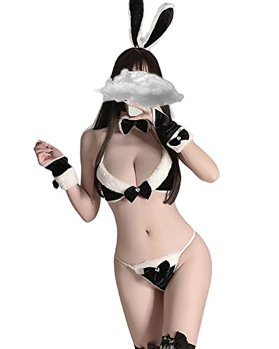 SINROYEE Japanese Lolita Underwear Sexy Bunny Cosplay Lingerie Costume Set Micro Bikini Furry Bra and Panty Kawaii Anime - Black
