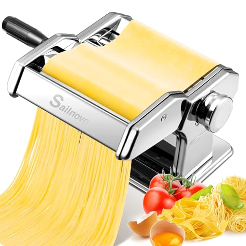 Sailnovo Pasta Maker Machine, 180 Aluminum Alloy Pasta Roller with 9 Adjustable Thickness Settings and 2 Cutter, Noodle Maker Perfect for Spaghetti, Fettuccini, Lasagna or Dumpling Skin - 9 Thickness - Silver
