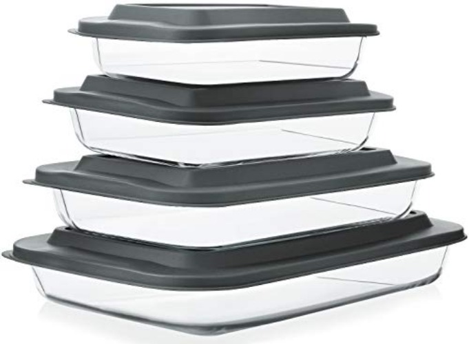 8-Piece Deep Glass Baking Dish Set with Plastic lids,Rectangular Glass Bakeware Set with Lids, Baking Pans for Lasagna, Leftovers, Cooking, Kitchen, Freezer-to-Oven and Dishwasher, Gray - Gray