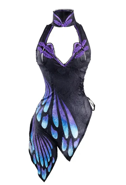 Women Vintage Embriodery Sexy Hollowed Deep V Strapped Cheongsam Butterfly Costume Outfit