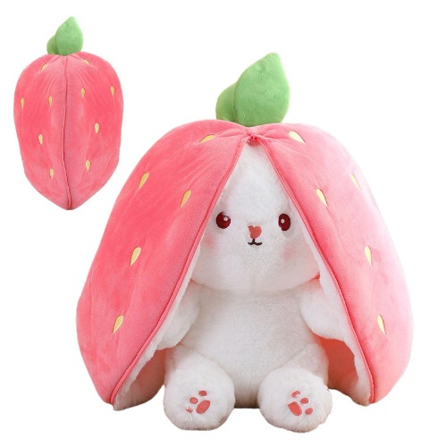 9.84 Inch Hide and Seek Rabbit Plush Toys, Easter Rabbit Stuffed Animal Dolls, Cute Rabbit Plush Dolls, Zippered Double-Sided Rabbit Plush Pillow, Rabbit Plush Wrapped in Strawberry Gifts