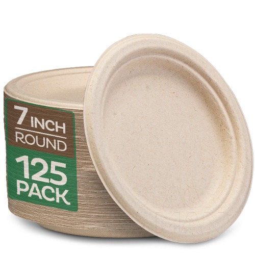 100% Compostable 7 Inch Paper Plates [125-Pack] Heavy-Duty , Natural Disposable Bagasse , Eco-Friendly Made of Sugarcane Fibers-Natural Unbleached Brown 7" Biodegradable Plate by Stack Man - 7" Round