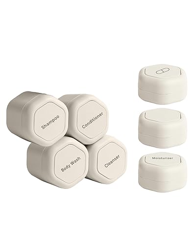 Cadence Travel Containers - Daily Routine Capsule Set - Magnetic Travel Capsules - For Shampoo, Conditioner, Body Wash, Pills, and More - 4 Flex Mediums (1.32oz) & 3 Flex Smalls (0.56oz) - Sand - Sand