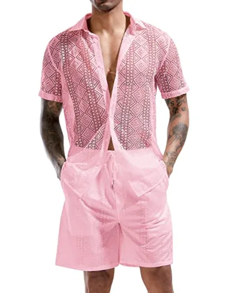 LecGee Men Summer Casual Short Sets Lace Short Sleeve Button Down Shirt Elastic Waist Shorts 2 Piece Outfits Tracksuit - Medium - Pink