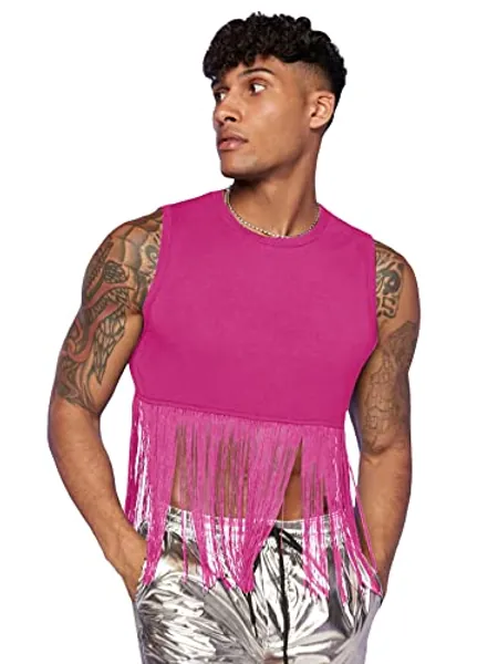 WDIRARA Men's Fringe Hem Round Neck Sleeveless Slim Fit Solid Tank Top - X-Large - Hot Pink Solid