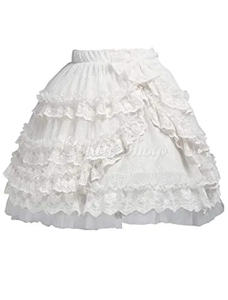 Antaina White Chiffon Lace Floral Layered Ruffled Bow Cotton Lolita Short Skirt - Small - White