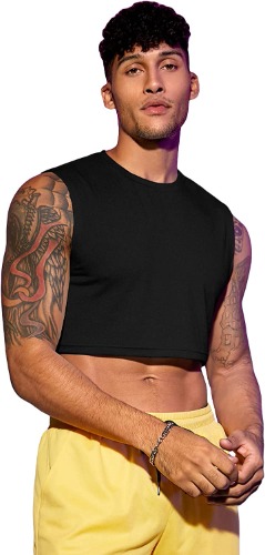 Cozyease Men's Sleeveless Round Neck Crop Tank Top Casual Soild Slim Fit Tank Tops Sexy Club Party Cropped Tops - X-Large Black