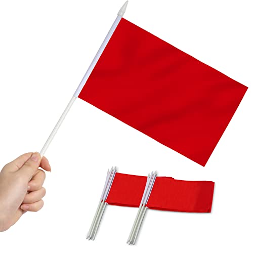Anley Red Mini Flag 12 Pack - Hand Held Small Miniature Solid Red Blank Flags on Stick - Fade Resistant & Vivid Colors - 5x8 Inch with Solid Pole & Spear Top - Red