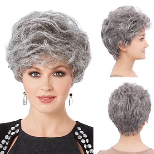 BESTUNG Ladies Gray Short Curly Synthetic Full Hair Wigs Natural Wavy Fluffy Mom Costume Old Grandma Cosplay Wigs for Women (Curly Silver Gray) - Curly Silver Gray