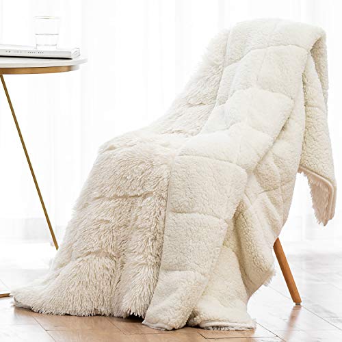 Wemore Shaggy Long Fur Faux Fur Weighted Blanket, Cozy and Fluffy Plush Sherpa Long Hair Blanket for Adult 10lbs, Fluffy Fuzzy Sherpa Reverse Heavy Blanket for Bed, Couch, Cream White, 48 x 72 Inches - Cream - 48" x 72" 10lbs