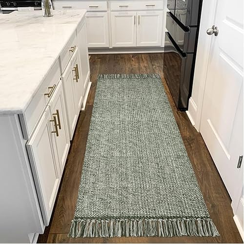 Collive Hallway Runner Rug, 2' x 6' Hand-Woven Reversible Washable Entryway Rug, Olive Green/Cream Cotton Modern Farmhouse Laundry Room Rug Long Carpet for Bathroom Sink Foyer Bedroom - Olive Green/Cream - 2' X 6'