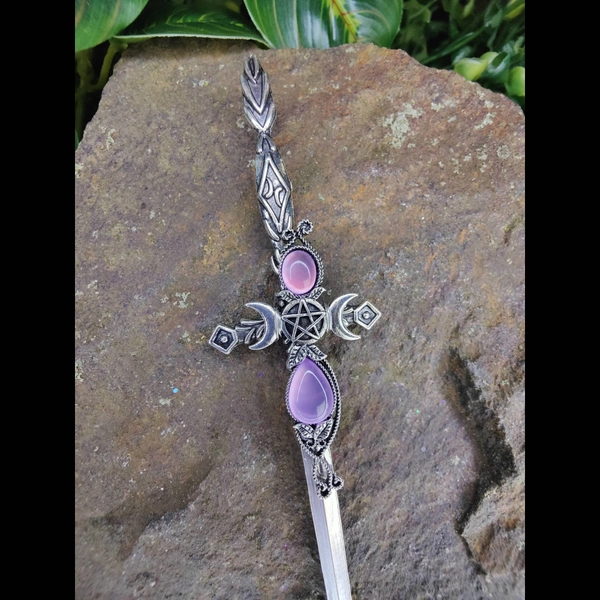 Purple Triple Moon Longsword Hair Stick, Sword Hair Pin, Witch Hair Stick, Celtic Hair Stick, Viking Hair, Gothic Hair Stick, Celtic Gift