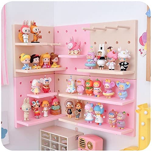 Peg Boards for Walls with Shelf & Hooks, HGYZE No Punching Craft Room Storage for Bedroom Garage Living Room Office, Pegboard Ledges Organizer, 4 Pack Decorative Wall Panel Kits - 22cm Square (Pink) - Pink