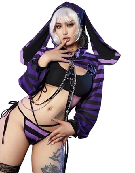 Mobbunny SUGAR BABY Yes Daddy Women Lingerie Set Striped Bunny Girl Style Top and Panty Set with Fishnet Stockings and Chains - X-Large - Purple