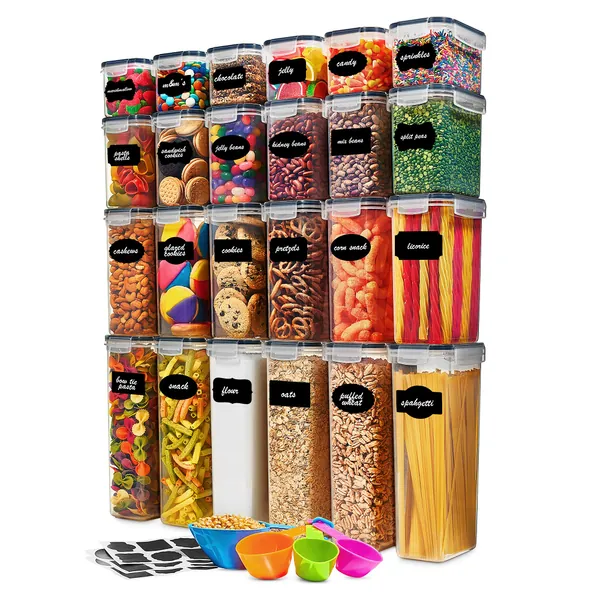24 Pack Airtight Food Storage Container Set - BPA Free Clear Plastic Kitchen and Pantry Organization Canisters with Durable Lids for Cereal, Dry Food Flour & Sugar - Labels, Marker & Spoon Set - 