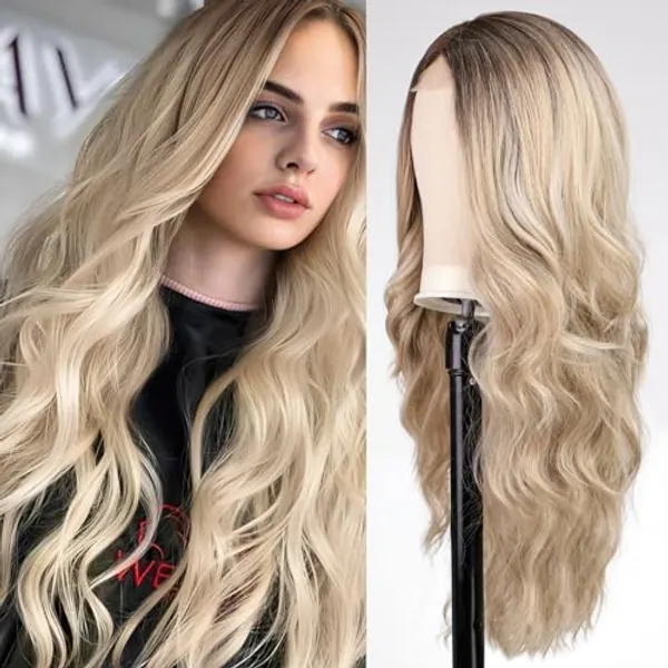 EMMOR Long Ash Blonde and Mixed Blonde Wavy Wig for Women Lace Front Wigs Natural Looking 26 Inch Middle Part Curly Wig Heat Resistant Synthetic Wigs for Daily Party Use - Ash blonde & mixed blonde