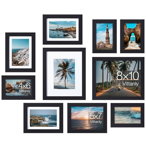 Vittanly 10 Pack Picture Frames Collage Wall Decor, Gallery Wall Frame Set for Wall or Tabletop Display, Multi Sizes with Two 8x10, Four 5x7, and Four 4x6 Photo Frames, Black - Black