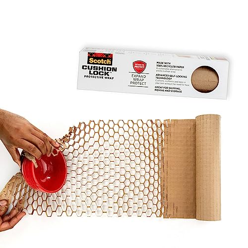 Scotch Cushion Lock Protective Wrap, 12 in x 30 ft, Sustainable Packaging Solution for Packing, Shipping and Moving,No Scissors or Tape Needed, Great Alternative to Bubble Cushion Wrap (PCW-1230),Tan - 30 Foot Roll