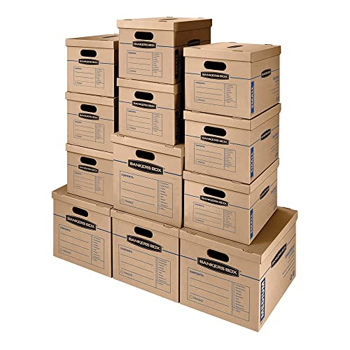 Bankers Box SmoothMove Classic Moving Boxes, Tape-Free Assembly, Easy Carry Handles, Brown, Assorted 12 Pack (7716401) - Assorted 12 Pack