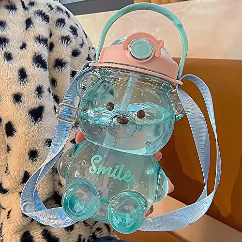 JQWSVE Kawaii Bear Straw Bottle, Kawaii Water Bottles Cute Water Bottle with Stickers, Leak-Proof Kawaii Bear Water Bottle for Office Travel - 47oz-t blue