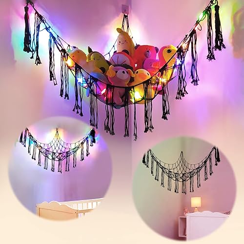 AVITORO Stuffed Animal Net or Hammock with LED Light, Hanging Corner Net for Stuffed Animals Storage, Hammock Holder with Hooks, Toy Organizer for Bedroom Nursery Crib Kindergarten - Black