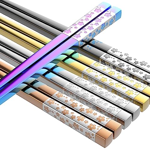 FOFAYU Metal Chopsticks Reusable 5 Pairs Multicolor Stainless Steel Chopsticks Dishwasher Safe Square Lightweight Non-Slip Chop Sticks Present Set - Multi