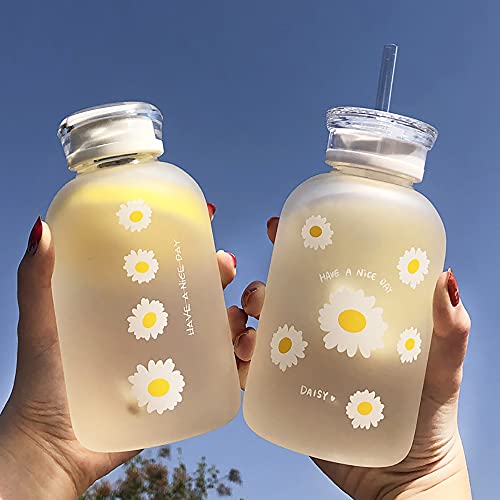 480ml Milk Juice Cute Water Bottle with Scale 2 Lids Little daisy Matte Portable Transparent Water Cup Glass Bottles Creative Handy Cup (1Pcs Six Flowers) - Six Flowers