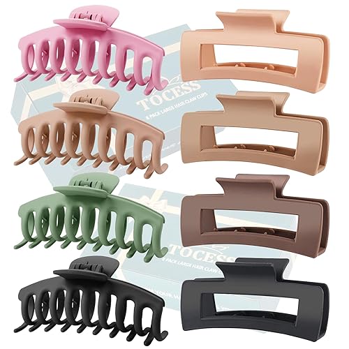TOCESS 8 Pack Big Hair Claw Clips for Women Large Claw Clip for Thin Thick Curly Hair 90's Strong Hold 4.33 Inch Nonslip Matte Jumbo Hair Clips (8 Pcs) - Beige, Pink, Green, Khaki, Brown, Black