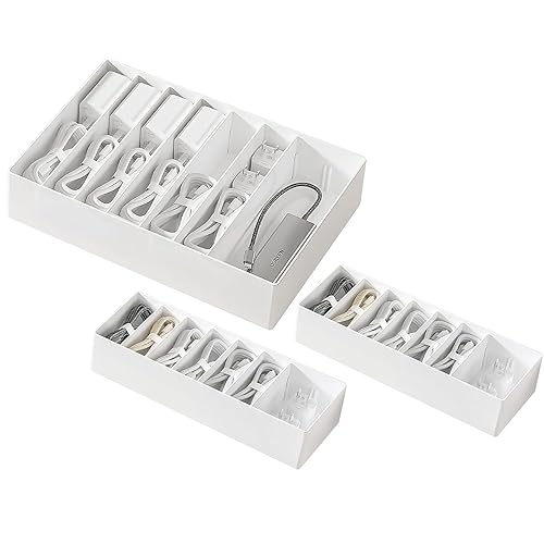 PAVSTINE 3 Pcs Cable Organizer Box with Wire Ties,Plastic Cord Charger Storage Organizer Box with 8 Compartments,Electronics Organizer for Home Office,Desk Drawer Stationery Organizer,Stackable,White - White-l1s2-3pcs