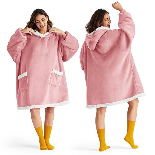 Bedsure Wearable Blanket Hoodie for Adult & Kids - Sherpa Blanket Hoodie as Gifts for Mom Women, Cozy Sweatshirt Blanket, Mellow Rose, Standard - Mellow Rose - Standard