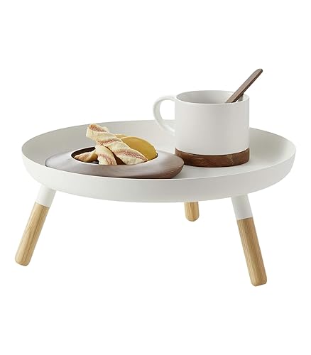 Yamazaki Home Plain Metal Pedestal Table Tray with Wooden Legs for Countertop Or Floor, Holds Fruit, Plants, Tea, 5" - Steel + Wood - White - Footed Tray