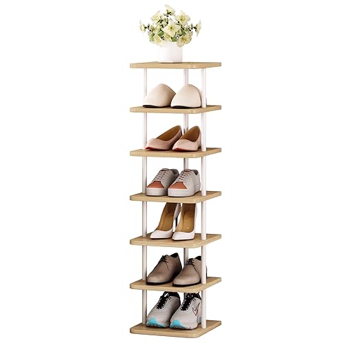 SORCEDAS Shoe Rack Vertical Narrow Shoe Shelf Storage 7 Tier Corner Shoe Organizer for Closet Entryway Garage(White+Oak) - 7 Tier - White