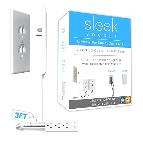 Sleek Socket Original & Patented Ultra-Thin Outlet Concealer with Cord Concealer Kit, Flat Extension Cord with Multi Outlets Power Strip, Ideal for Home Improvement, Hide Bulky and Messy Cords - 3ft - Standard Outlet
